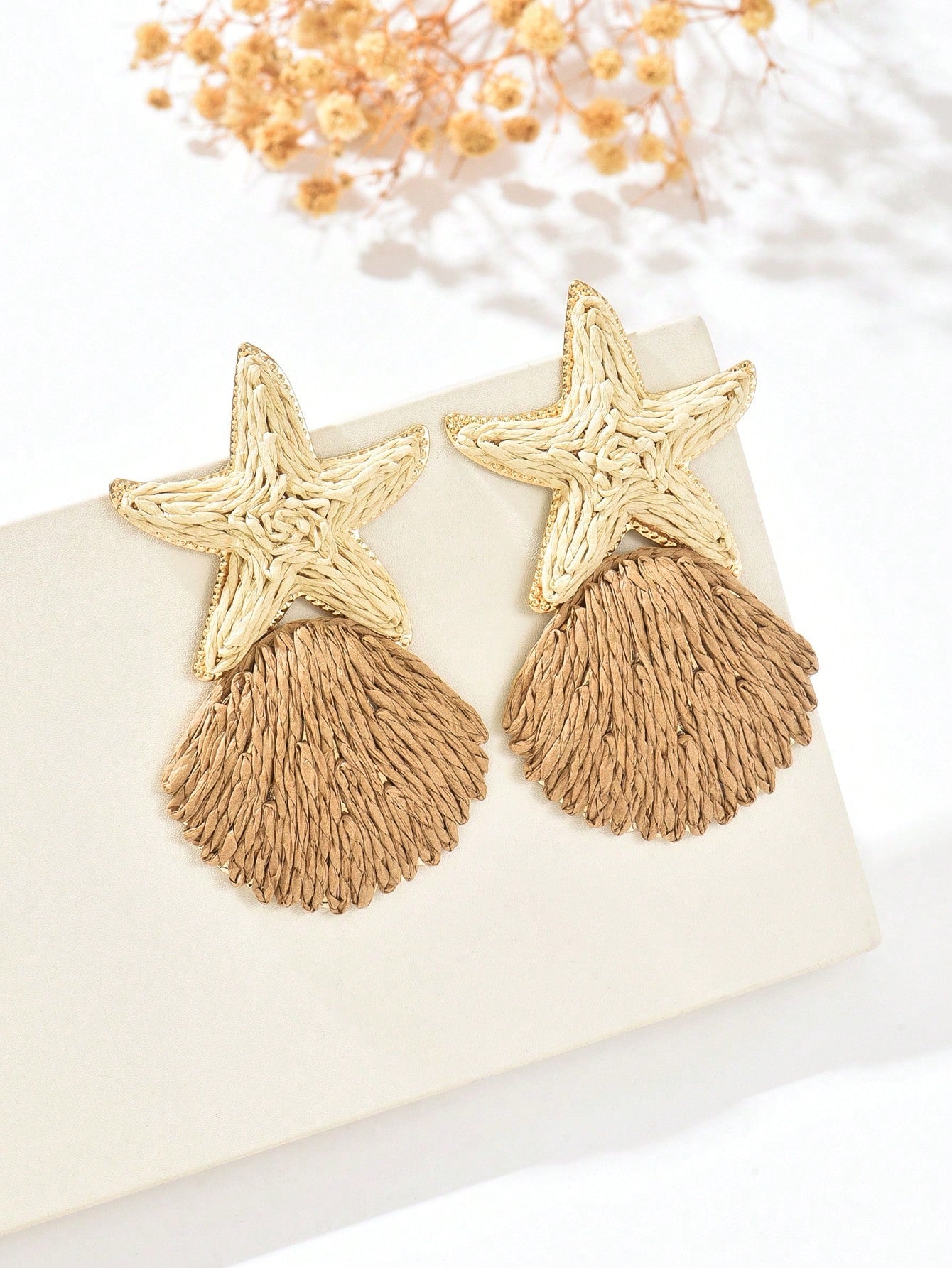 1 Pair Handmade Rattan Starfish & Shell Pendant Earrings, Fashion Crafted Rattan Starfish Shell Tassel Earrings, Suitable For Valentine's Day, Wedding Season, Mother's Day, Music Festival, Daily, Vacation, Party Wear For Women