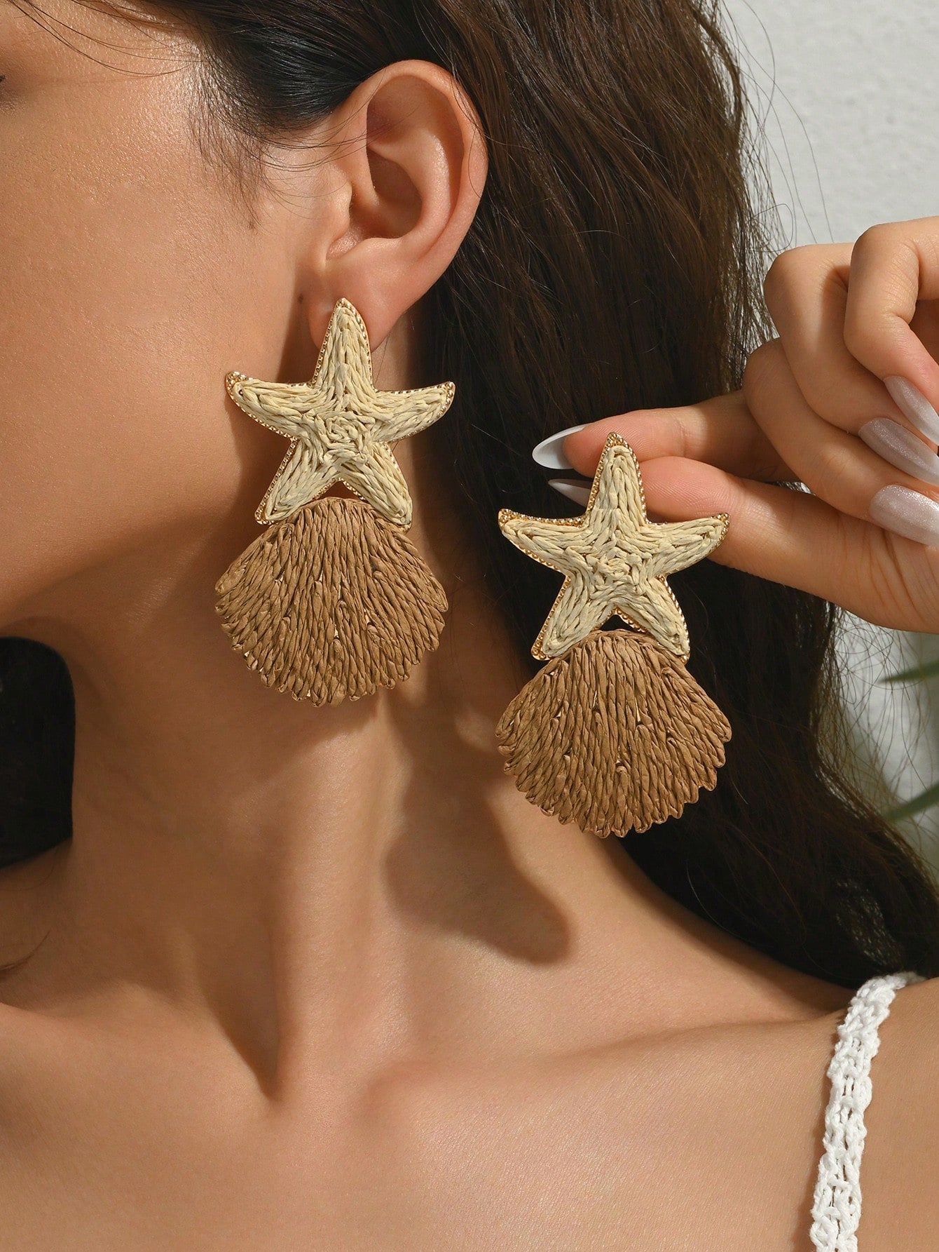 1 Pair Handmade Rattan Starfish & Shell Pendant Earrings, Fashion Crafted Rattan Starfish Shell Tassel Earrings, Suitable For Valentine's Day, Wedding Season, Mother's Day, Music Festival, Daily, Vacation, Party Wear For Women