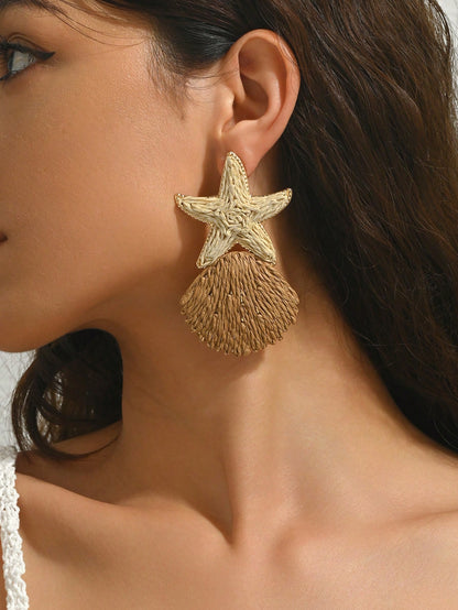 1 Pair Handmade Rattan Starfish & Shell Pendant Earrings, Fashion Crafted Rattan Starfish Shell Tassel Earrings, Suitable For Valentine's Day, Wedding Season, Mother's Day, Music Festival, Daily, Vacation, Party Wear For Women