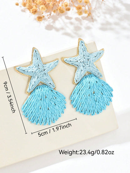 OOQ 1 par de pendientes hechos a mano con estrella de mar y concha de rafia azul, serie exagerada de la moda de la serie del océano con estrella de mar, concha, borla y rafia, adecuado para el Día de San Valentín, la temporada de bodas, el Día de la Madre, la celebración del festival de música, uso diario, vacaciones, uso para fiestas para mujeres (tejido de rafia hecho a mano, dirección y forma aleatorias)