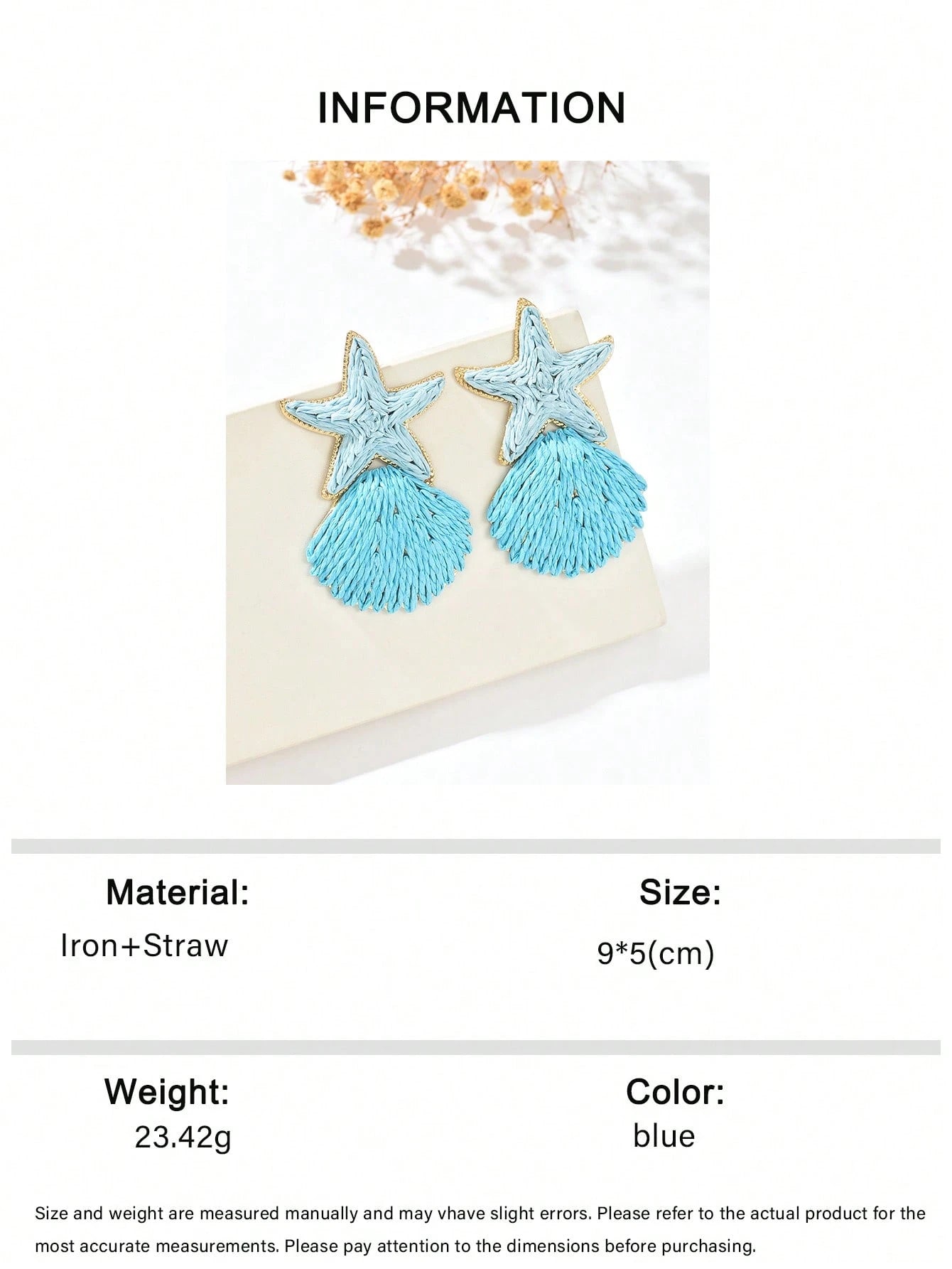 OOQ 1 par de pendientes hechos a mano con estrella de mar y concha de rafia azul, serie exagerada de la moda de la serie del océano con estrella de mar, concha, borla y rafia, adecuado para el Día de San Valentín, la temporada de bodas, el Día de la Madre, la celebración del festival de música, uso diario, vacaciones, uso para fiestas para mujeres (tejido de rafia hecho a mano, dirección y forma aleatorias)