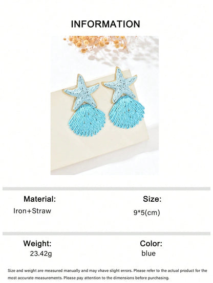 OOQ 1 par de pendientes hechos a mano con estrella de mar y concha de rafia azul, serie exagerada de la moda de la serie del océano con estrella de mar, concha, borla y rafia, adecuado para el Día de San Valentín, la temporada de bodas, el Día de la Madre, la celebración del festival de música, uso diario, vacaciones, uso para fiestas para mujeres (tejido de rafia hecho a mano, dirección y forma aleatorias)