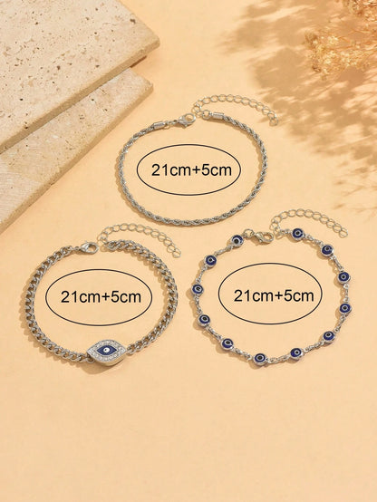 3pcs/Set Fashion Devil's Eye Combination Anklet, Metal Chain Minimalist Women Foot Jewelry, Suitable For Daily Wear, Beach, Travel, Date, Handmade Chain Can Be Cut To Desired Length, Bead Quantity Not Fixed