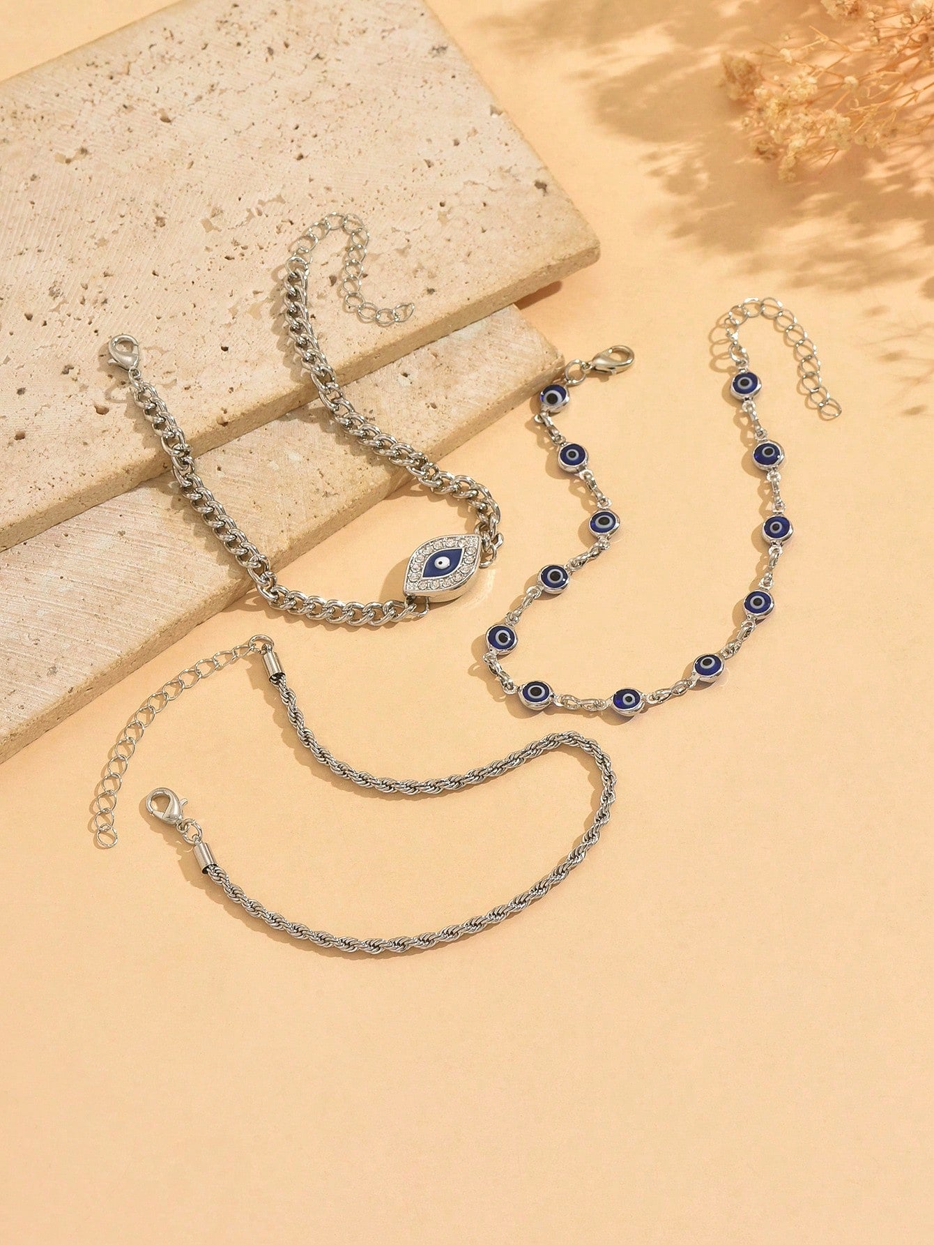 3pcs/Set Fashion Devil's Eye Combination Anklet, Metal Chain Minimalist Women Foot Jewelry, Suitable For Daily Wear, Beach, Travel, Date, Handmade Chain Can Be Cut To Desired Length, Bead Quantity Not Fixed