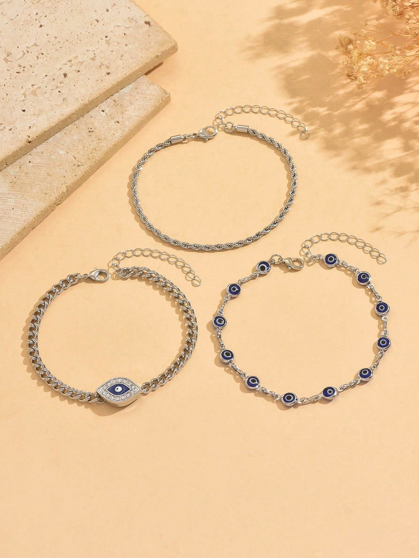 3pcs/Set Fashion Devil's Eye Combination Anklet, Metal Chain Minimalist Women Foot Jewelry, Suitable For Daily Wear, Beach, Travel, Date, Handmade Chain Can Be Cut To Desired Length, Bead Quantity Not Fixed