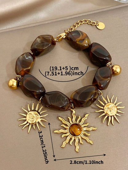 Luxury Vintage Bohe Sun Charm Golden Women Bracelet, Stainless Steel With Acrylic Hand Jewelry, Summer Beach Mom Gift, Daily Party Birthday Valentine