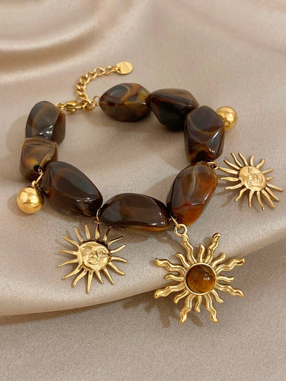 Luxury Vintage Bohe Sun Charm Golden Women Bracelet, Stainless Steel With Acrylic Hand Jewelry, Summer Beach Mom Gift, Daily Party Birthday Valentine