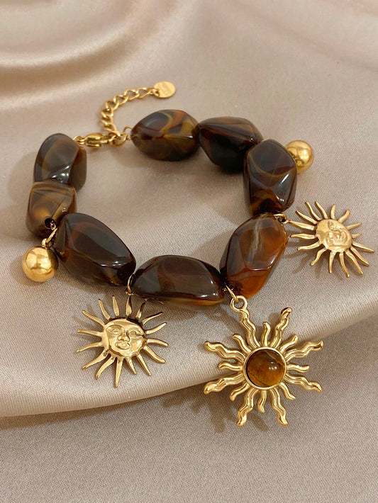 Luxury Vintage Bohe Sun Charm Golden Women Bracelet, Stainless Steel With Acrylic Hand Jewelry, Summer Beach Mom Gift, Daily Party Birthday Valentine