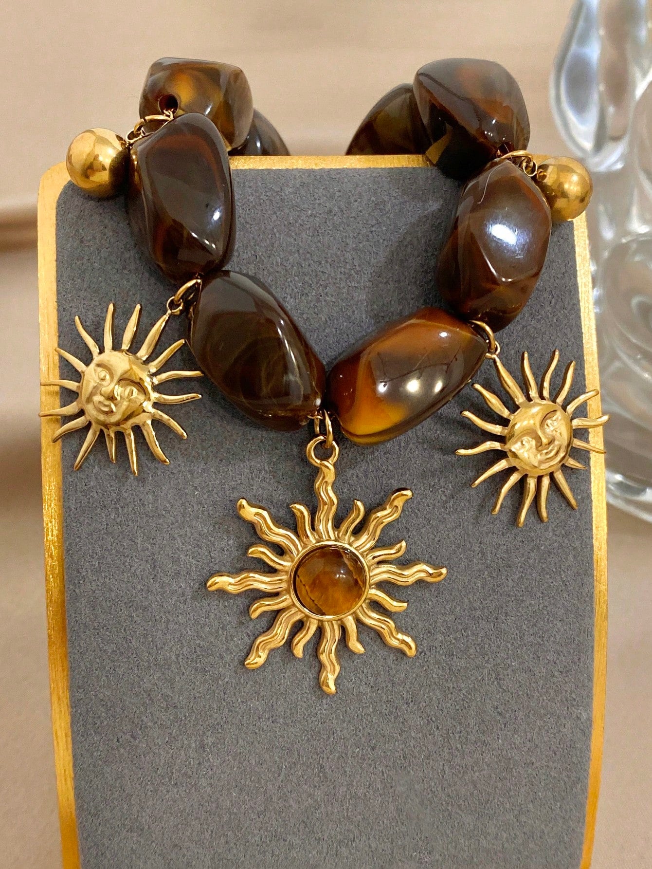 Luxury Vintage Bohe Sun Charm Golden Women Bracelet, Stainless Steel With Acrylic Hand Jewelry, Summer Beach Mom Gift, Daily Party Birthday Valentine