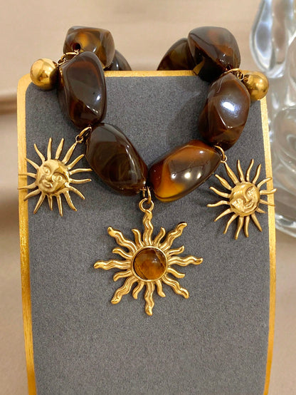 Luxury Vintage Bohe Sun Charm Golden Women Bracelet, Stainless Steel With Acrylic Hand Jewelry, Summer Beach Mom Gift, Daily Party Birthday Valentine