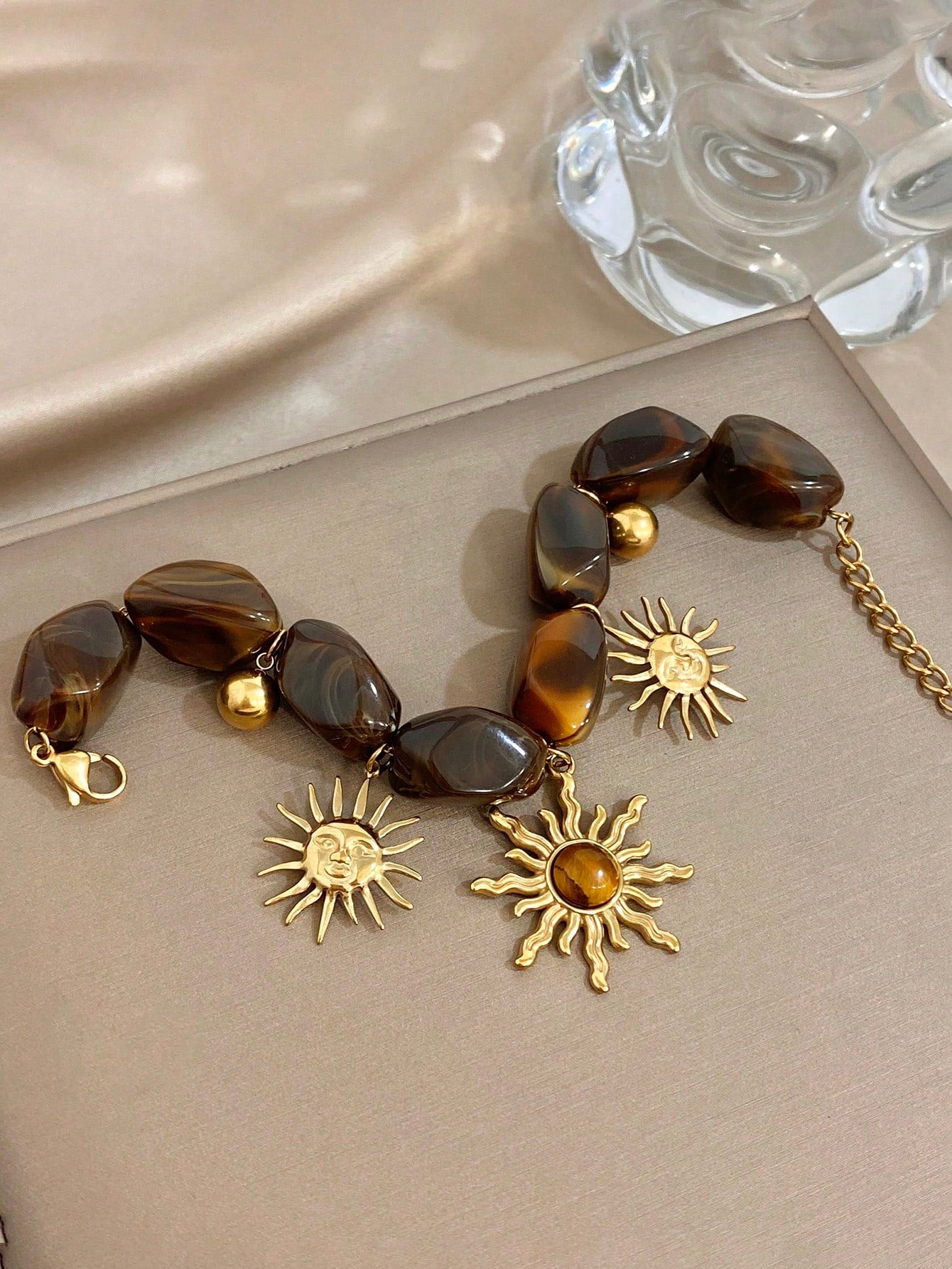 Luxury Vintage Bohe Sun Charm Golden Women Bracelet, Stainless Steel With Acrylic Hand Jewelry, Summer Beach Mom Gift, Daily Party Birthday Valentine