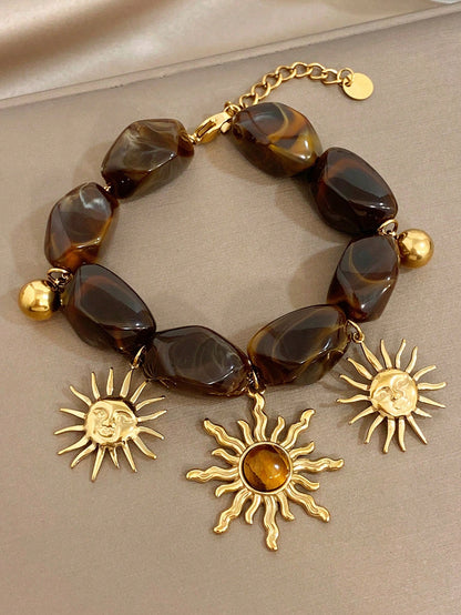 Luxury Vintage Bohe Sun Charm Golden Women Bracelet, Stainless Steel With Acrylic Hand Jewelry, Summer Beach Mom Gift, Daily Party Birthday Valentine