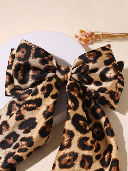 1pc Oversized Leopard Print Bow Hair Clip For Women, Extra Large French Barrette With Long Tail, Retro Cheetah Animal Print Ribbon Bow Hair Accessory For Ponytail, Hair Accessories For Women, Head Accessories, Hairpin