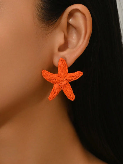 OOQ 1 Pair Oversized Starfish Earrings, Bohemian Beach Style, Handwoven Raffia Starfish Earrings, Suitable For Women's Daily, Party And Holiday Wear (Handmade, Weaving Direction Random)