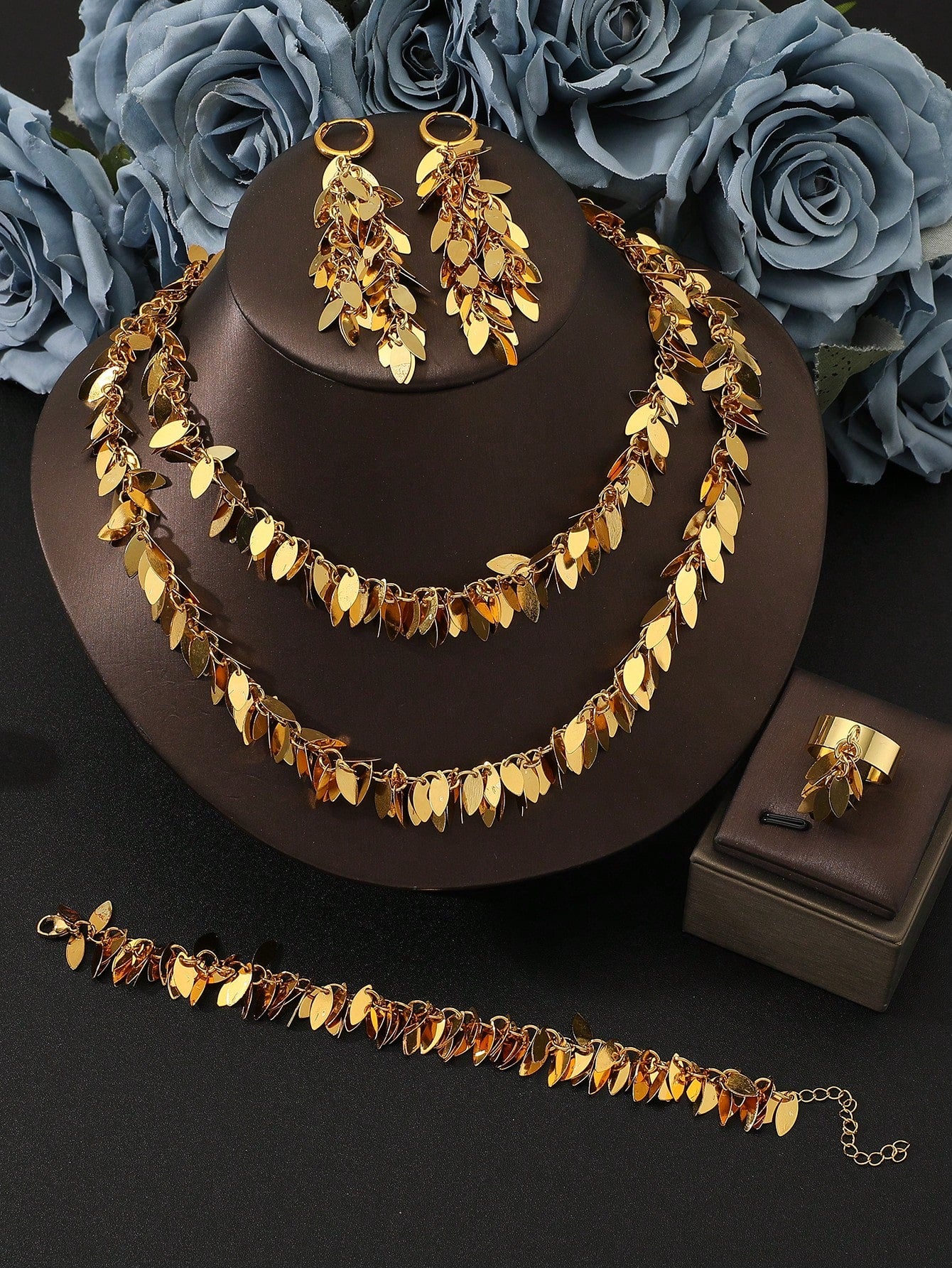 5pcs Gold Leaf Bridal Bridesmaid Jewelry Set, Stainless Steel Smooth Double-Layer Necklace Pendant Earrings Bracelet Ring Set, Suitable For Women Wedding Party Accessories, Anniversary Gift