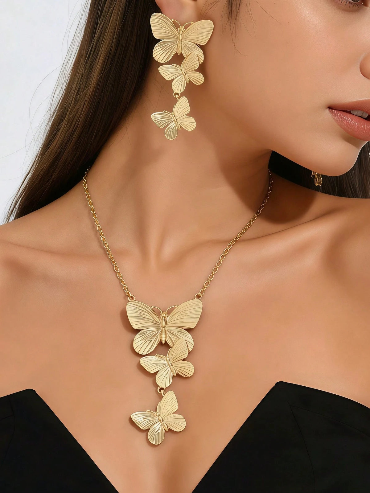 2pcs/Set Luxury Metal Butterfly Pendant Necklace And Earrings Set, Elegant Jewelry For Women Party And Evening Wear