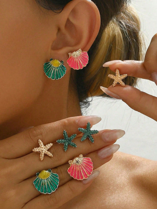 4 Pairs Ocean Style Fashion Earrings Set Starfish Seashell Zinc Alloy