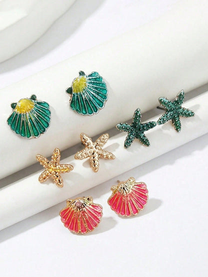 4 Pairs Ocean Style Fashion Earrings Set Starfish Seashell Zinc Alloy