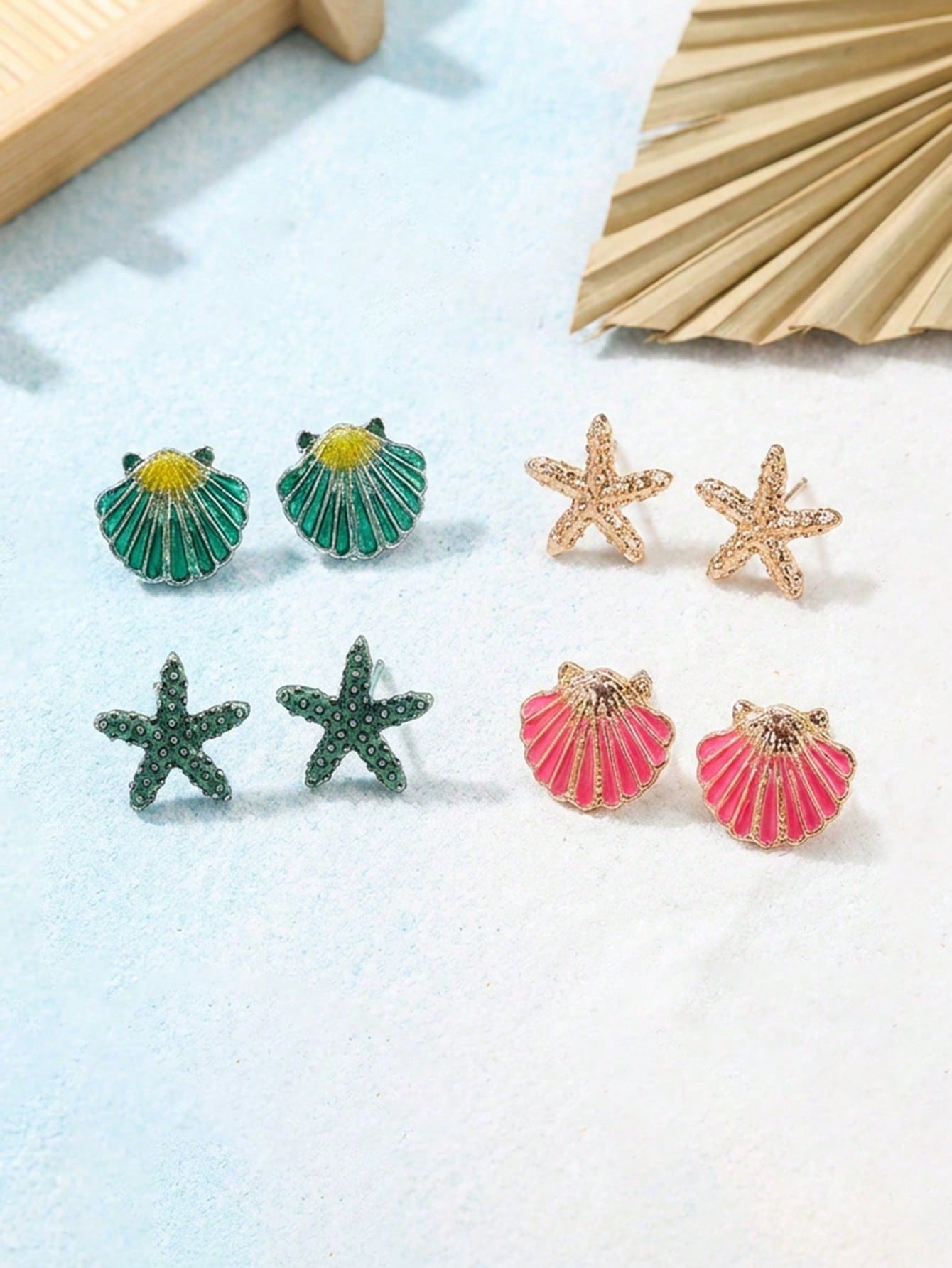 4 Pairs Ocean Style Fashion Earrings Set Starfish Seashell Zinc Alloy
