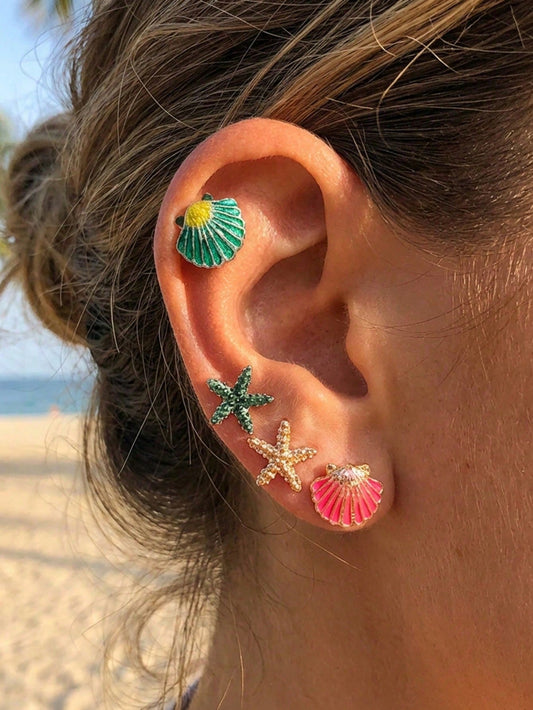 4 Pairs Ocean Style Fashion Earrings Set Starfish Seashell Zinc Alloy