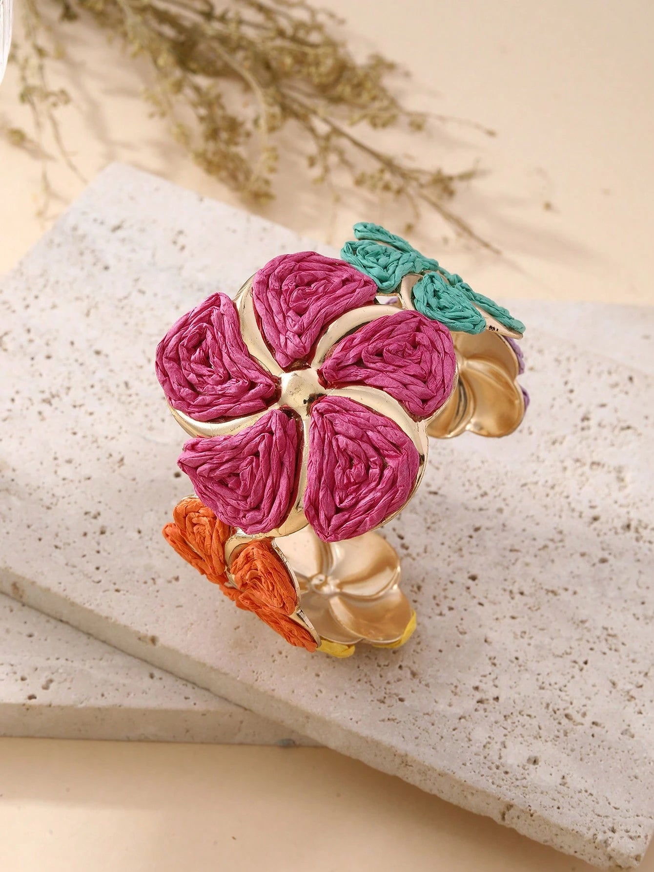 1pc Handmade Exaggerated Floral Paper Yarn Woven Bracelet, Versatile Boho Style Adjustable Cuff Suitable For Vacation, Party, Market, Afternoon Tea And Daily Wear