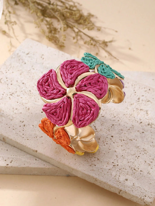 1pc Handmade Exaggerated Floral Paper Yarn Woven Bracelet, Versatile Boho Style Adjustable Cuff Suitable For Vacation, Party, Market, Afternoon Tea And Daily Wear