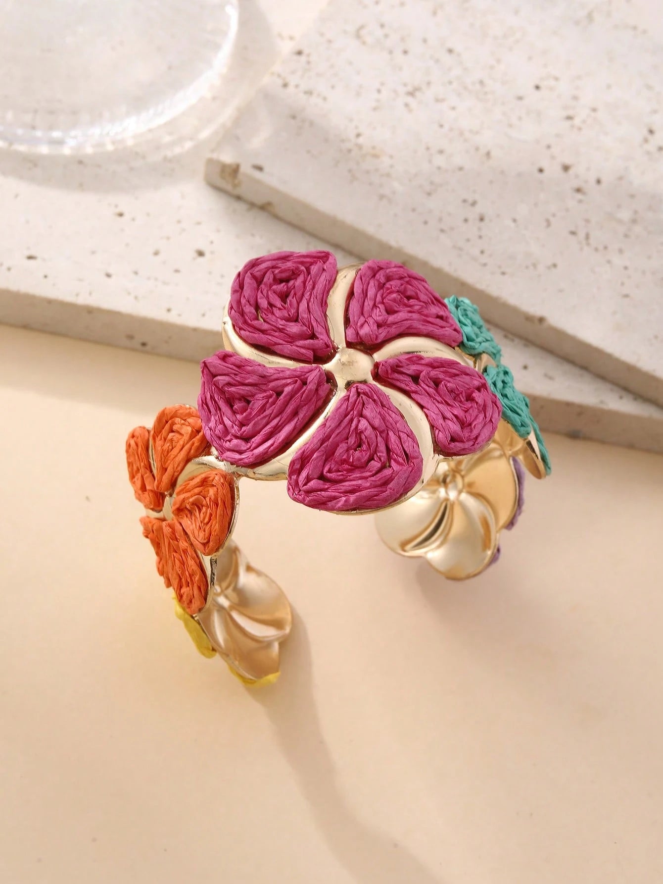 1pc Handmade Exaggerated Floral Paper Yarn Woven Bracelet, Versatile Boho Style Adjustable Cuff Suitable For Vacation, Party, Market, Afternoon Tea And Daily Wear
