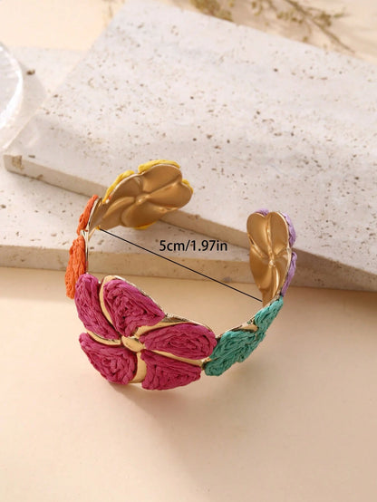 1pc Handmade Exaggerated Floral Paper Yarn Woven Bracelet, Versatile Boho Style Adjustable Cuff Suitable For Vacation, Party, Market, Afternoon Tea And Daily Wear