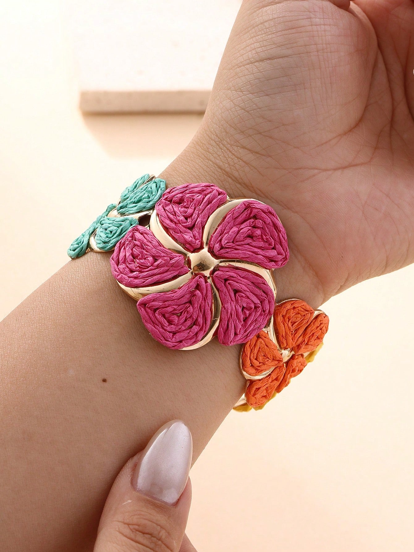 1pc Handmade Exaggerated Floral Paper Yarn Woven Bracelet, Versatile Boho Style Adjustable Cuff Suitable For Vacation, Party, Market, Afternoon Tea And Daily Wear