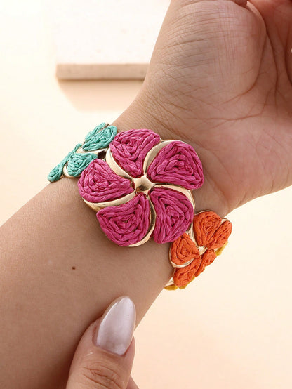 1pc Handmade Exaggerated Floral Paper Yarn Woven Bracelet, Versatile Boho Style Adjustable Cuff Suitable For Vacation, Party, Market, Afternoon Tea And Daily Wear