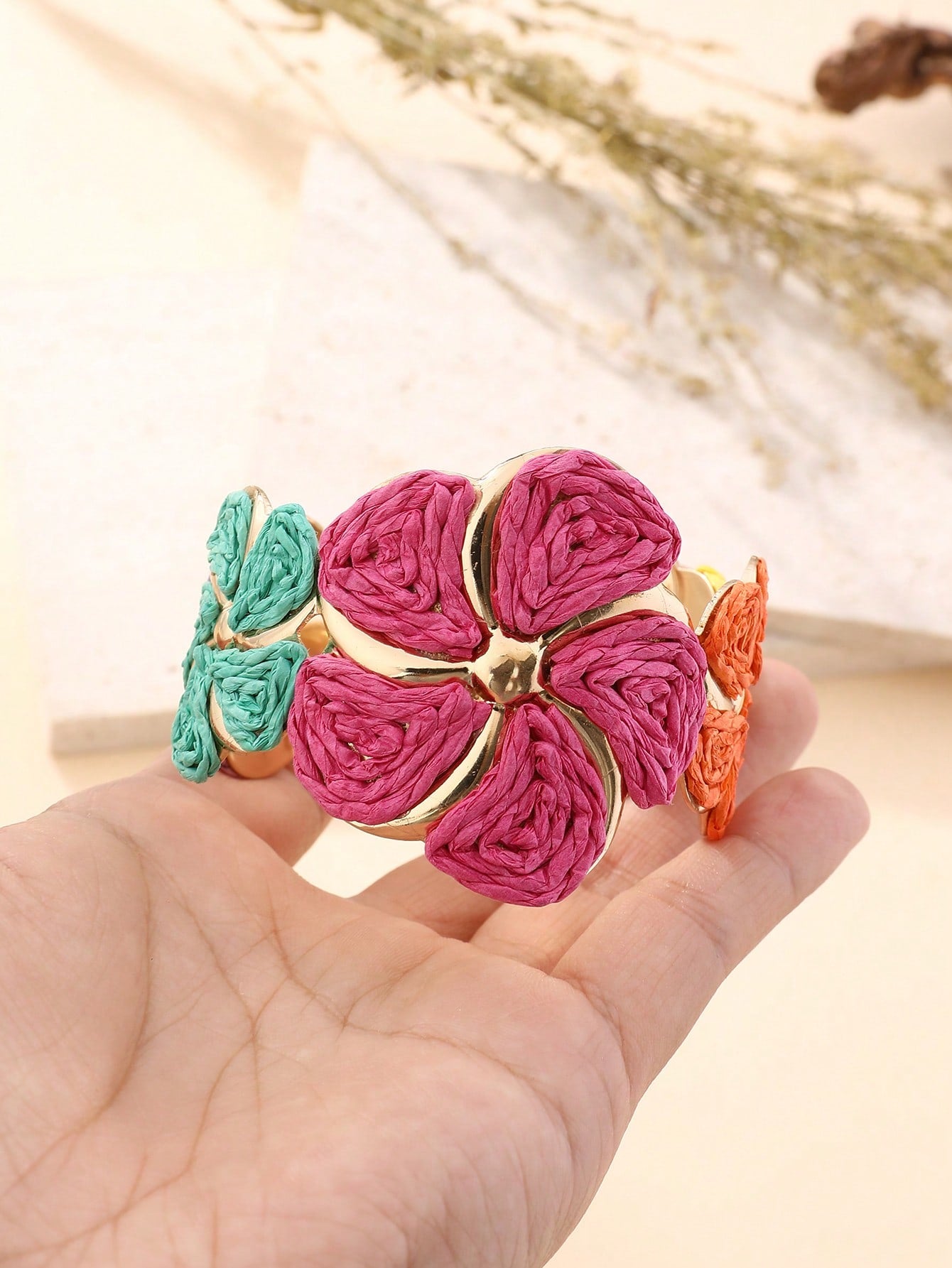 1pc Handmade Exaggerated Floral Paper Yarn Woven Bracelet, Versatile Boho Style Adjustable Cuff Suitable For Vacation, Party, Market, Afternoon Tea And Daily Wear