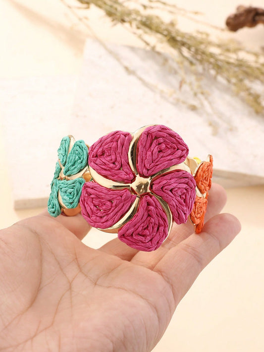1pc Handmade Exaggerated Floral Paper Yarn Woven Bracelet, Versatile Boho Style Adjustable Cuff Suitable For Vacation, Party, Market, Afternoon Tea And Daily Wear