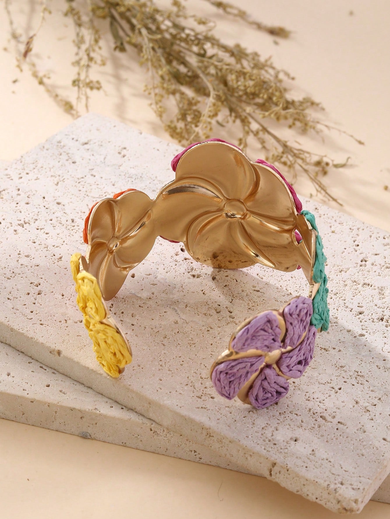 1pc Handmade Exaggerated Floral Paper Yarn Woven Bracelet, Versatile Boho Style Adjustable Cuff Suitable For Vacation, Party, Market, Afternoon Tea And Daily Wear