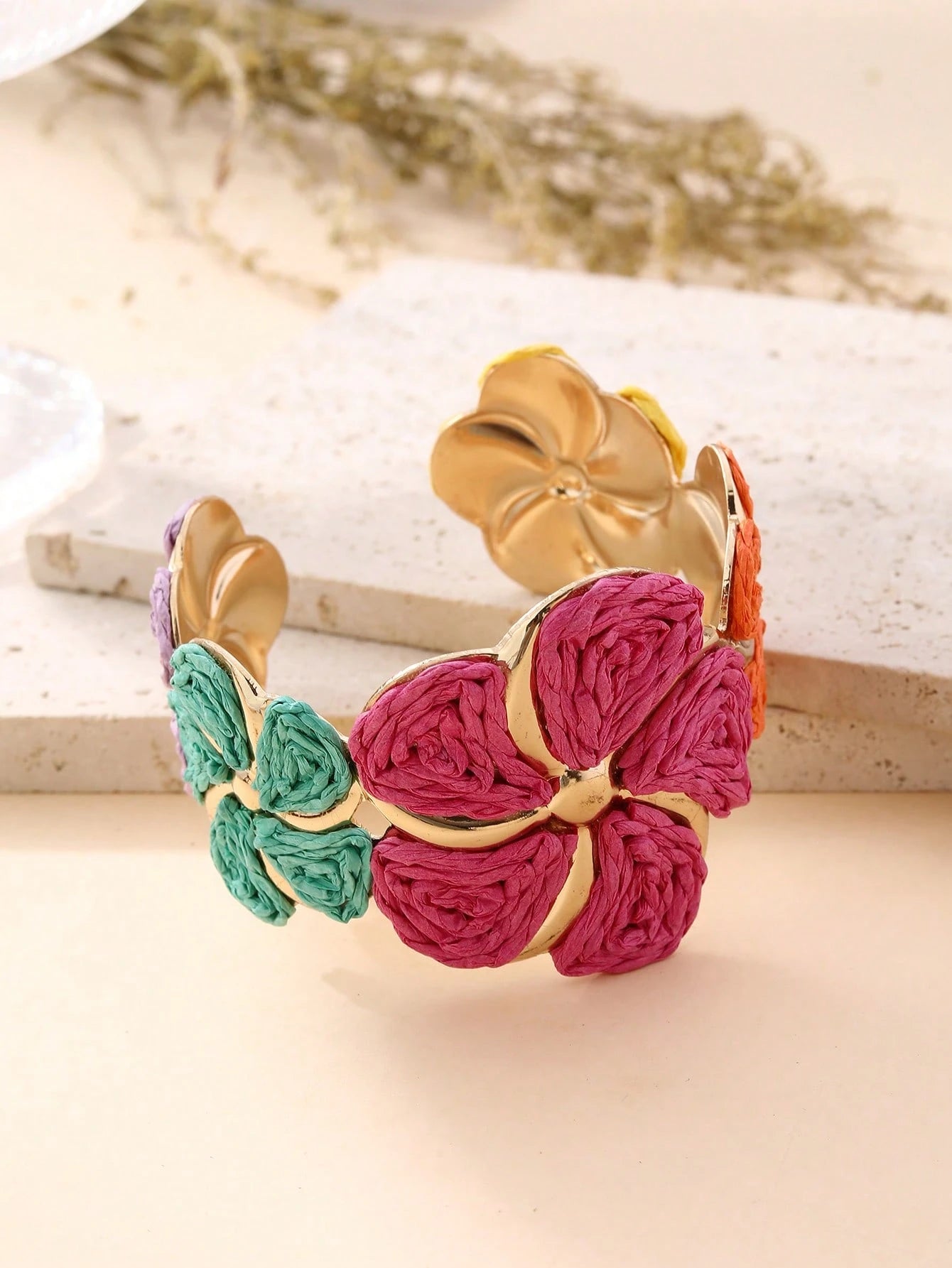 1pc Handmade Exaggerated Floral Paper Yarn Woven Bracelet, Versatile Boho Style Adjustable Cuff Suitable For Vacation, Party, Market, Afternoon Tea And Daily Wear