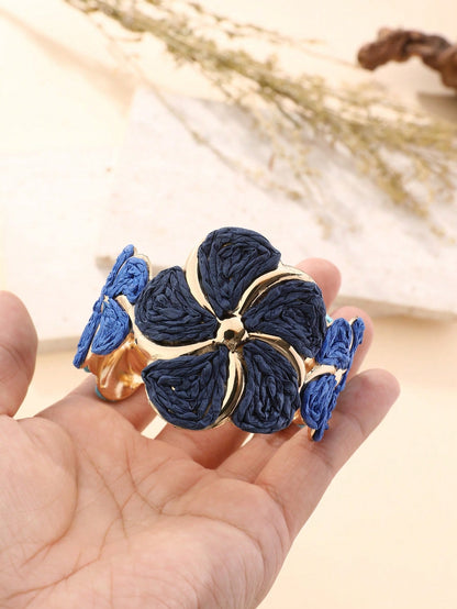 1pc Handmade Paper Yarn Woven Oversized Floral Bracelet, Adjustable, Suitable For Vacation, Party, Market, Afternoon Tea And Daily Wear, Blue