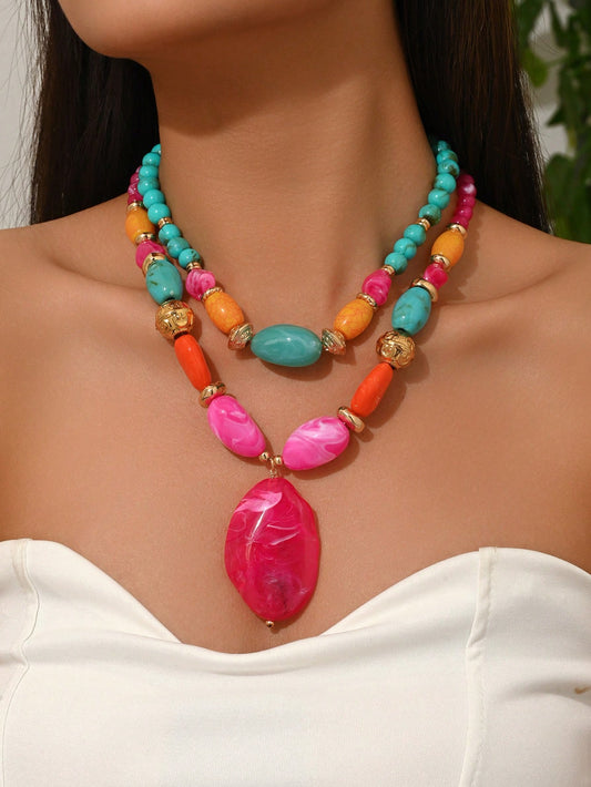 1pc Or More Fashionable Elegant Bohemian Multi-Color Plastic Handmade DIY Beaded Large Pendant Necklace, Multiple Styles Available, Suitable For Women To Wear Jewelry Layering Necklace, All Season Beach Vacation Party Necklace, Each Plastic Pattern Is Unique, Resin Injection Mold Marks Are Normal