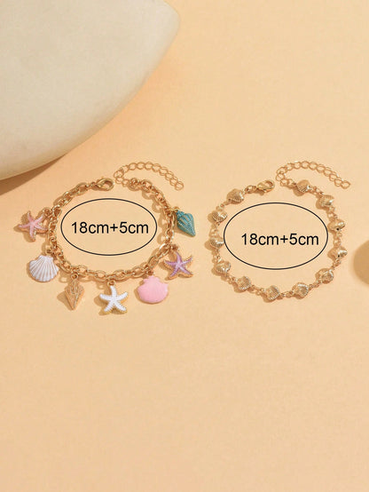 2pcs/Set Unique Drip Glaze Starfish Pendant Bracelet Set, Fashionable Minimalist Gold Shell Chain Layered Bracelet, Suitable For Daily Wear And Party Occasions