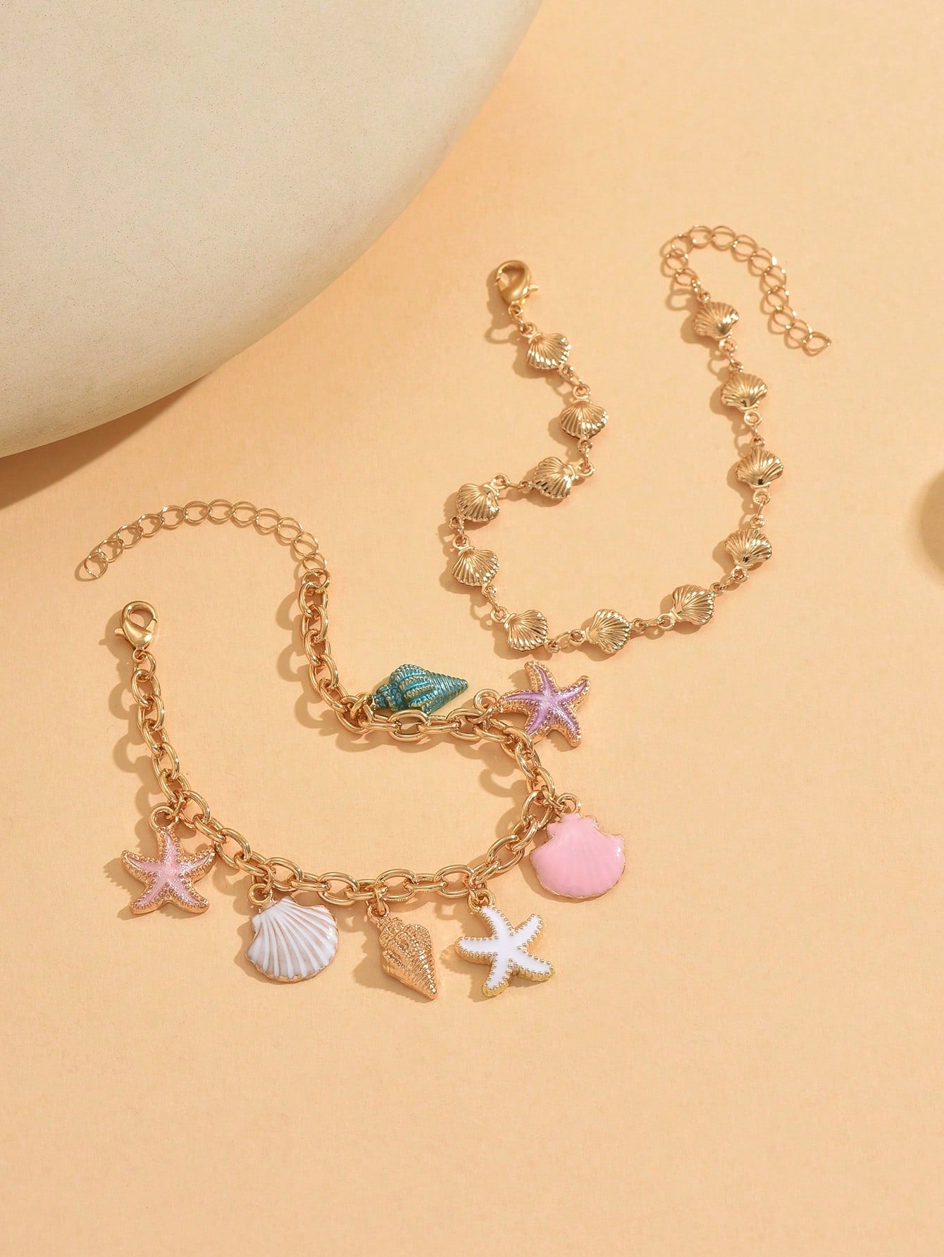 2pcs/Set Unique Drip Glaze Starfish Pendant Bracelet Set, Fashionable Minimalist Gold Shell Chain Layered Bracelet, Suitable For Daily Wear And Party Occasions