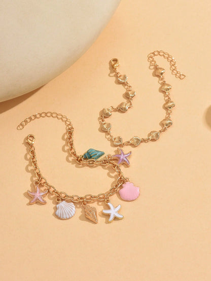 2pcs/Set Unique Drip Glaze Starfish Pendant Bracelet Set, Fashionable Minimalist Gold Shell Chain Layered Bracelet, Suitable For Daily Wear And Party Occasions