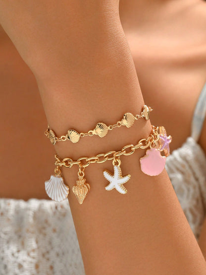 2pcs/Set Unique Drip Glaze Starfish Pendant Bracelet Set, Fashionable Minimalist Gold Shell Chain Layered Bracelet, Suitable For Daily Wear And Party Occasions