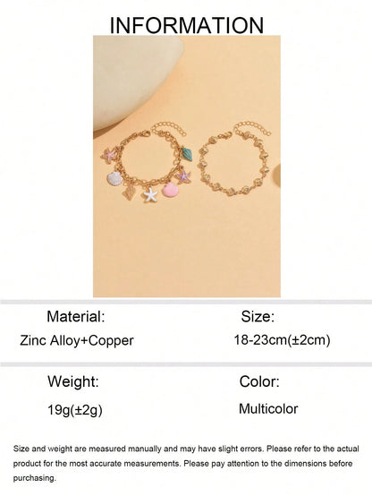 2pcs/Set Unique Drip Glaze Starfish Pendant Bracelet Set, Fashionable Minimalist Gold Shell Chain Layered Bracelet, Suitable For Daily Wear And Party Occasions