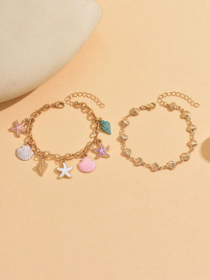 2pcs/Set Unique Drip Glaze Starfish Pendant Bracelet Set, Fashionable Minimalist Gold Shell Chain Layered Bracelet, Suitable For Daily Wear And Party Occasions