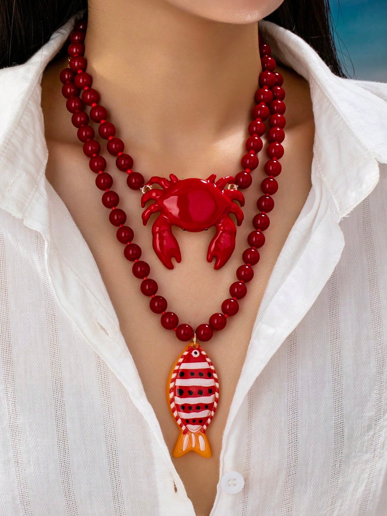 1/2pcs Red Beaded Necklace With Crab And Fish Pendants, Bold Nautical Style Marine Creature Pendant Necklace, Women's Beach Vacation Jewelry