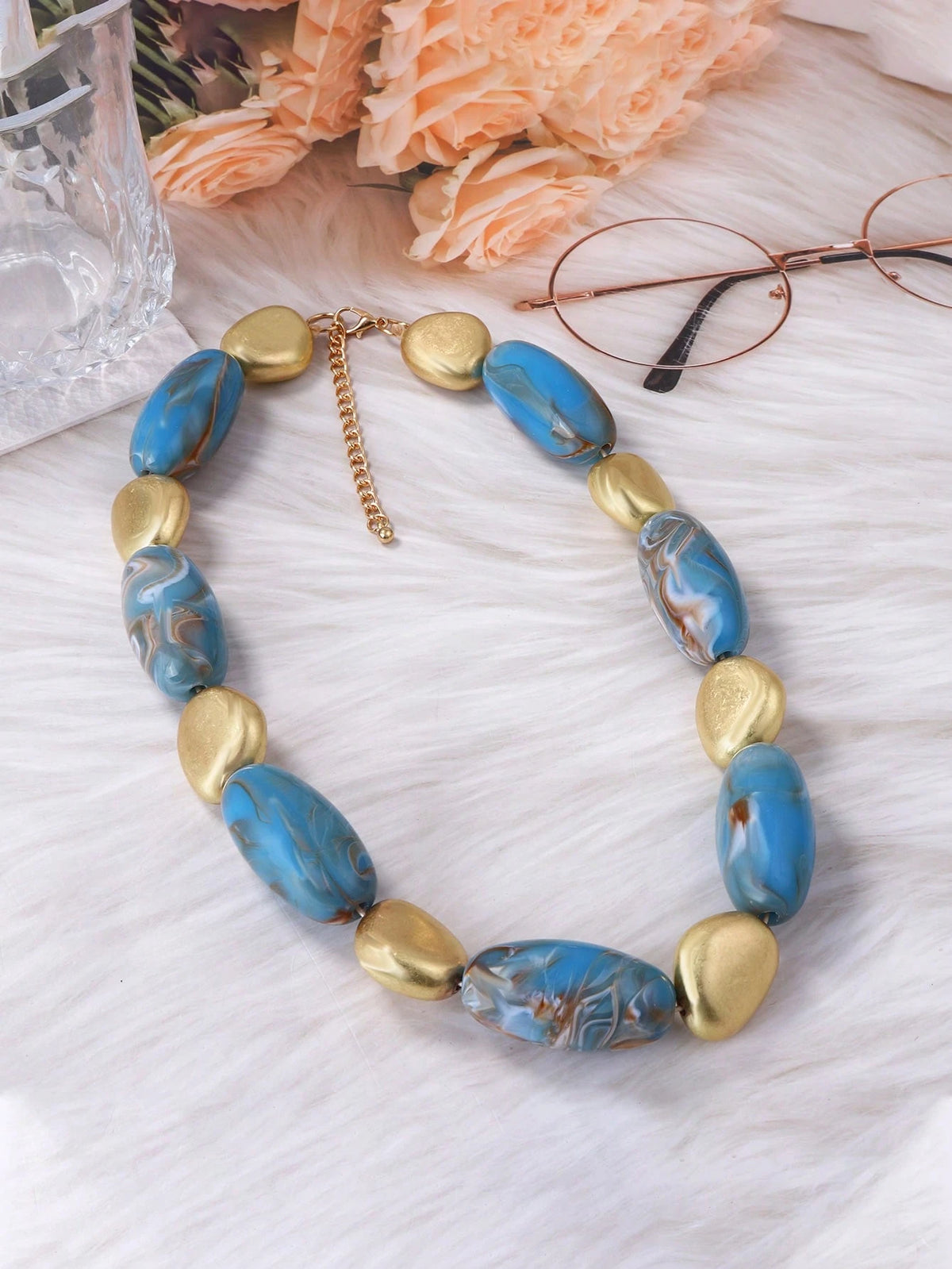 Retro Unique Geometric Blue Beaded Necklace & Earrings Jewelry Set