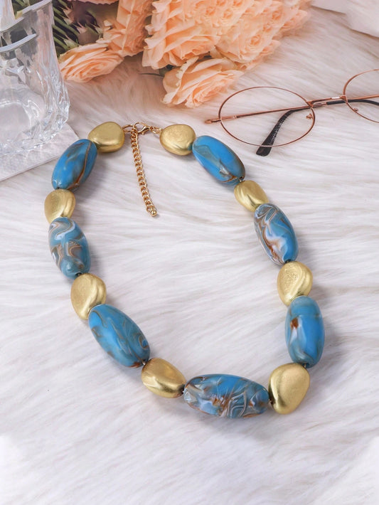 Retro Unique Geometric Blue Beaded Necklace & Earrings Jewelry Set