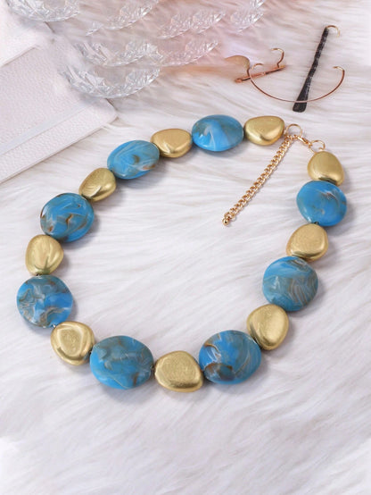 Retro Unique Geometric Blue Beaded Necklace & Earrings Jewelry Set