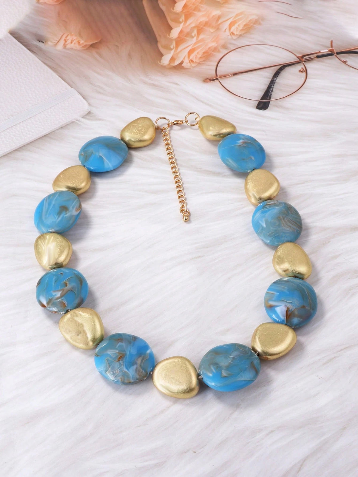 Retro Unique Geometric Blue Beaded Necklace & Earrings Jewelry Set