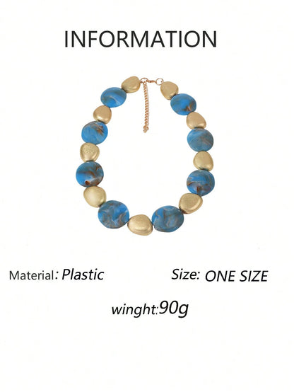 Retro Unique Geometric Blue Beaded Necklace & Earrings Jewelry Set