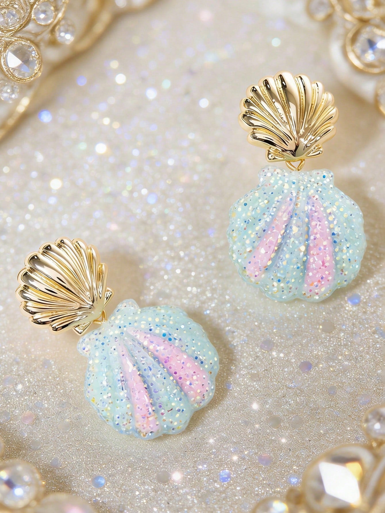 Mermaid Style Gold Shell Glitter Earrings - Shimmering Resin Pendant, Mermaidcore Glitter Shell Earrings, Beach Earrings, Summer Earrings - Gold Shell Top With Sparkly Resin Pendant