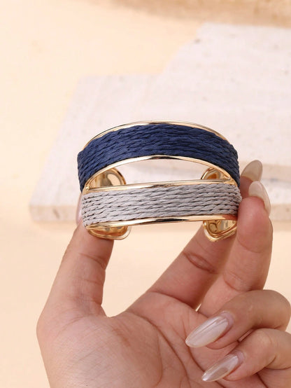 1 pieza Brazalete abierto de doble color estilo bohemio hecho a mano, con diseño intrincado y texturizado, adecuado para viajes, vacaciones, fiestas, tardes de té, festivales de música y uso diario